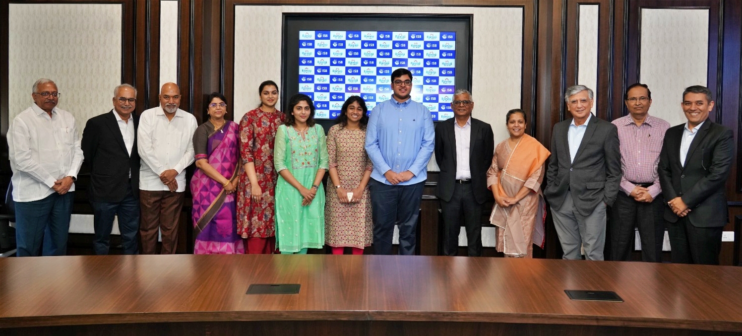 Members of the Ramoji family with board members and senior leadership of ISB at the MoU exchange ceremony held at the school's Hyderabad campus