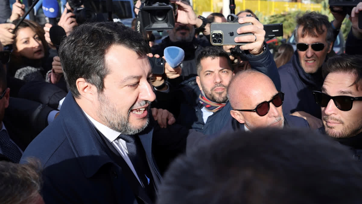 Italy’s vice premier, Matteo Salvini arrives at a court in Sicily that is expected to announce its verdict on whether Salvini is guilty of illegally detaining 100 migrants aboard a humanitarian rescue ship when he was interior minister, in Palermo, Italy, Friday, Dec. 20, 2024.