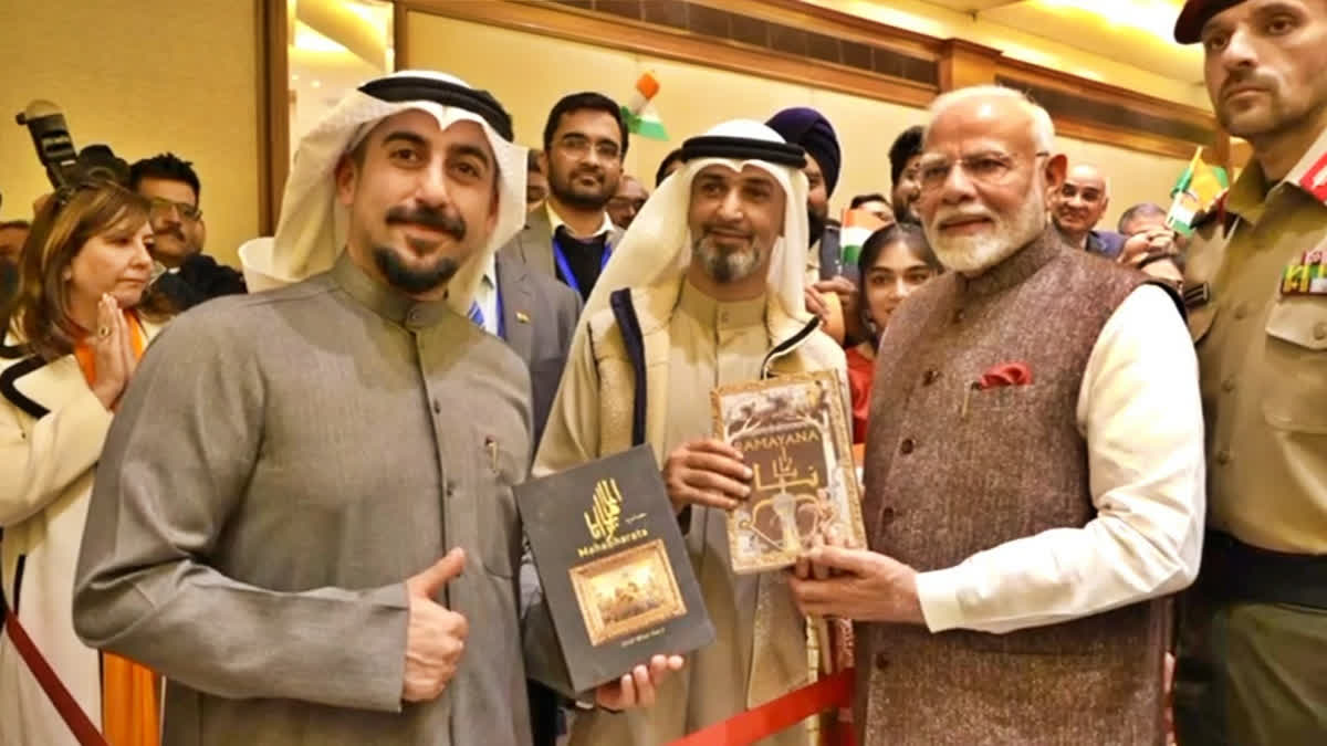 Prime Minister Narendra Modi, who is on a tour of Kuwait, on Saturday met Abdullah Al Baroun and Abdul Lateef Al Nasef who translated and edited ancient epics of India Ramayana and Mahabharata into Arabic.