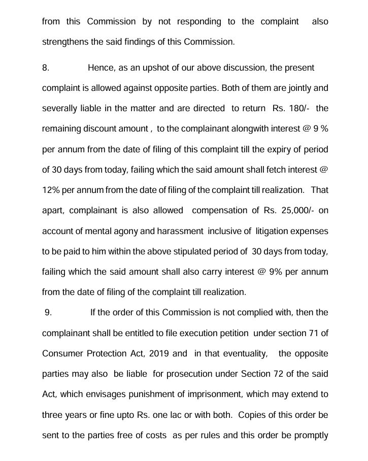 District Consumer Court of Rewari imposed fine on Mega Mart for not giving discount on offer