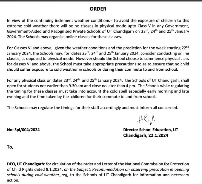 chandigarh education department extended school holidays due to chandigarh weather