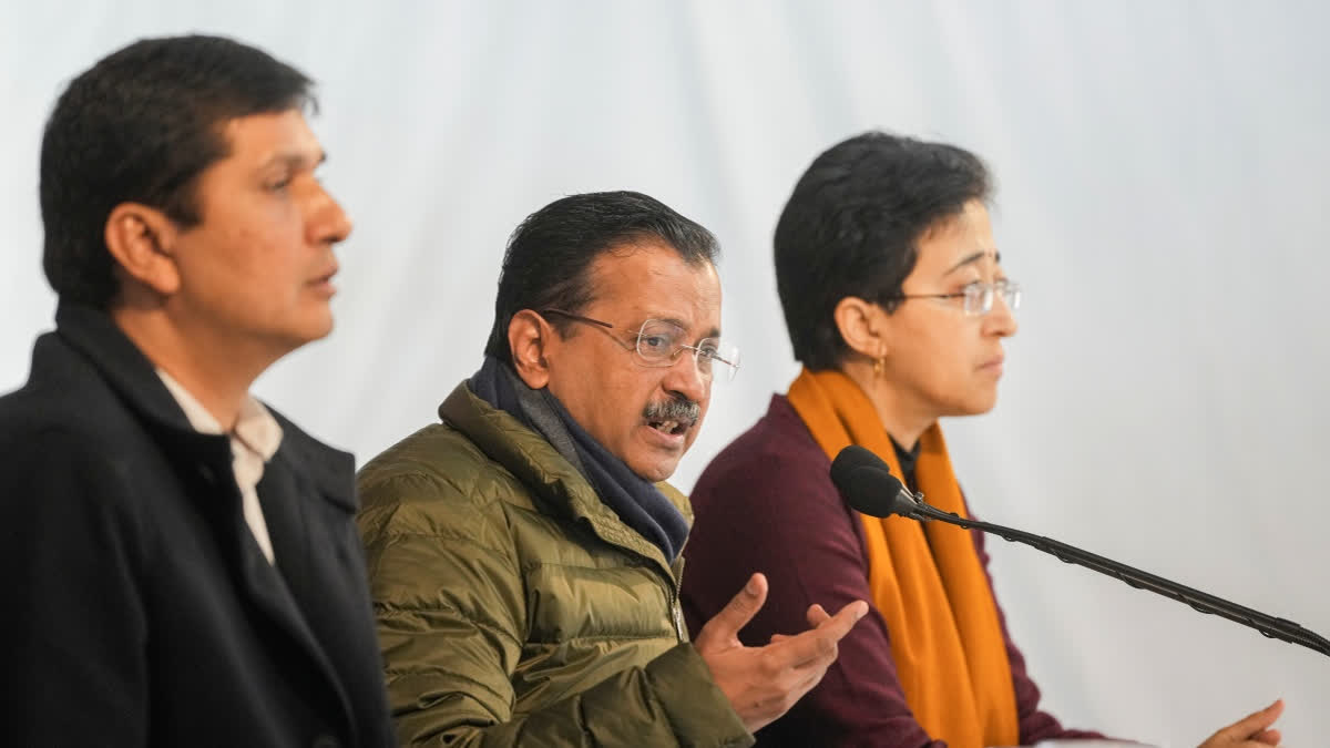 Aam Aadmi Party National Convener Arvind Kejriwal along with Delhi CM Atishi and party leader Saurabh Bhardwaj addresses a press conference, in New Delhi, Wednesday, Jan. 22, 2025.