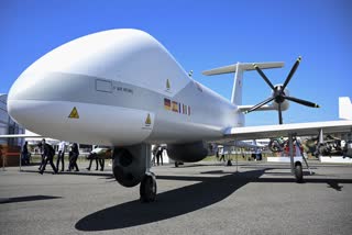 A MALE RPAS Airbus Eurodrone unmanned aerial system is pictured at the ILA Berlin Air Show (Internationale Luft- und Raumfahrtausstellung) in Schoenefeld near Berlin, eastern Germany, on June 22, 2022. The show running until June 26, 2022 will focus, according to its organisers, on the future of aerospace, with key topics like new technologies and sustainability.