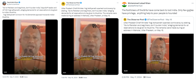 Screenshots of the accounts amplifying similar claims on Yogi Adityanath's remarks.