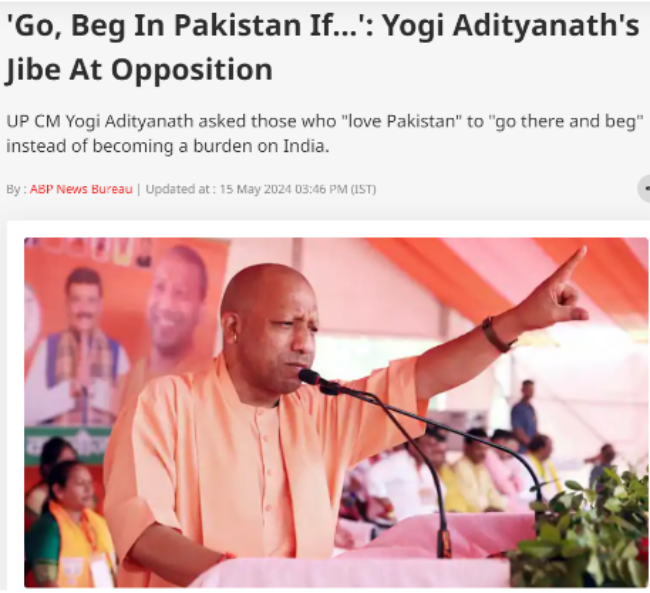 Screenshot of the report “'Go, Beg In Pakistan If...': Yogi Adityanath's Jibe At Opposition”