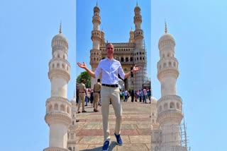 US Ambassador to India Eric Garcetti posing for a photograph at Charminar in Hyderabad