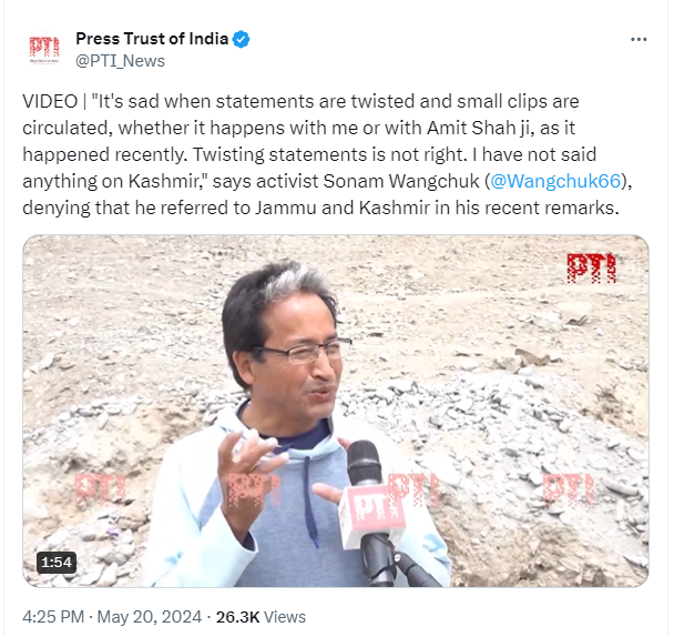 An edited video of Sonam Wangchuk, a climate activist from Leh and Ladakh, is being shared, falsely claiming that he was demanding for a Kashmir referendum. A Fact Check on the same found that a selected portion of his interview to a social media channel was edited out of context and the same is being pushed on social media with misleading claims.
