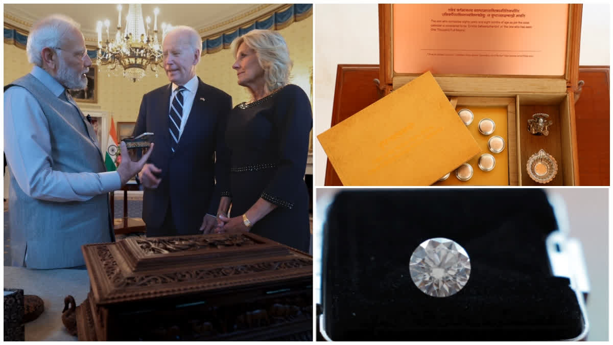 PM Modi exchanges special gifts  gifts with America President Joe Biden family  America President Joe Biden family at White House  ಕರ್ನಾಟಕ ಗಂಧದ ಮರ  ನಮ್ಮ ಸಂಸ್ಕೃತಿಯ ಪ್ರತಿಬಿಂಬಿಸುವ ವಸ್ತುಗಳ ಉಡುಗೊರೆ  ಸಂಸ್ಕೃತಿಯ ಪ್ರತಿಬಿಂಬಿಸುವ ವಸ್ತುಗಳ ಉಡುಗೊರೆ ಕೊಟ್ಟ ಮೋದಿ  ಭಾರತೀಯ ಸಂಸ್ಕೃತಿಯನ್ನು ಪ್ರತಿ ಬಿಂಬಿಸುವ ವಿಶೇಷ ಉಡುಗೊರೆ  ಉಡುಗೊರೆಯನ್ನು ಪ್ರಧಾನಿ ಮೋದಿ ಬೈಡನ್​ ದಂಪತಿ  ಕರ್ನಾಟಕದ ಶ್ರೀಗಂಧ ಮರದ ಪೆಟ್ಟಿಗೆ ಉಡುಗೊರೆ  ಜಿಲ್​ ಬೈಡನ್​ಗೆ ಡೈಮೆಂಡ್​ ಗಿಫ್ಟ್  ಗಂಧದ ಪೆಟ್ಟಿಗೆಯಲ್ಲಿ ಬೆಳ್ಳಿ ಗಣೇಶನ ವಿಗ್ರಹ  ಹತ್ತು ವಸ್ತುಗಳ ಉಡುಗೊರೆ