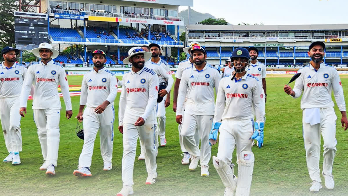 Etv BharWI vs IND  WI vs IND Second Test  WI vs IND Second Test Day Two  Virat Kohli  Ravindra Jadeja  India  West Indies  India vs West Indies  വെസ്റ്റ് ഇന്‍ഡീസ് ഇന്ത്യ  വെസ്റ്റ് ഇന്‍ഡീസ് ഇന്ത്യ ടെസ്റ്റ്  ഇന്ത്യ വിന്‍ഡീസ് രണ്ടാം ടെസ്റ്റ്  വിരാട് കോലി  രവിചന്ദ്രന്‍ അശ്വിന്‍  രവീന്ദ്ര ജഡേജ  at