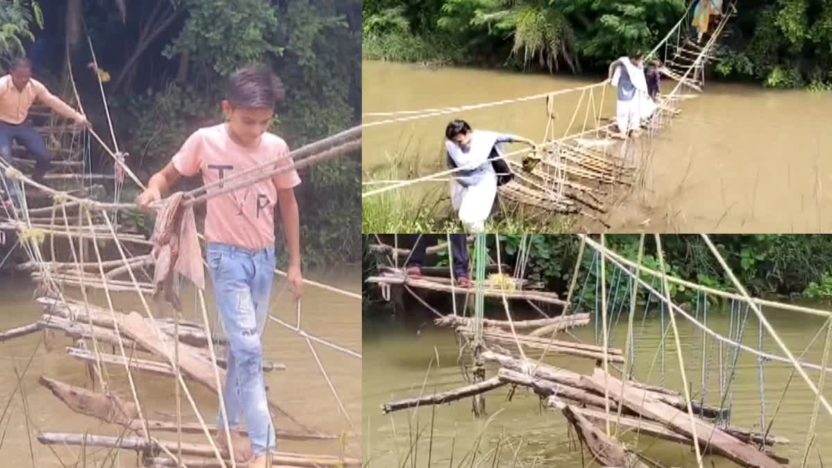 students crossing dangerous Rope Bridge while going to school