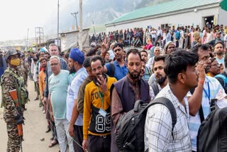 Pilgrims wait to leave for Amarnath Cave for the Amarnath Yatra, in Baltal