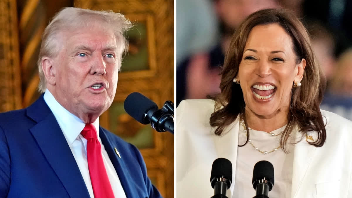 Republican presidential nominee former President Donald Trump speaks to reporters during a news conference, Aug. 8, 2024, in Palm Beach, Fla., left, and Democratic presidential nominee Vice President Kamala Harris speaks at a campaign rally, Aug. 7, 2024, in Romulus, Michigan.