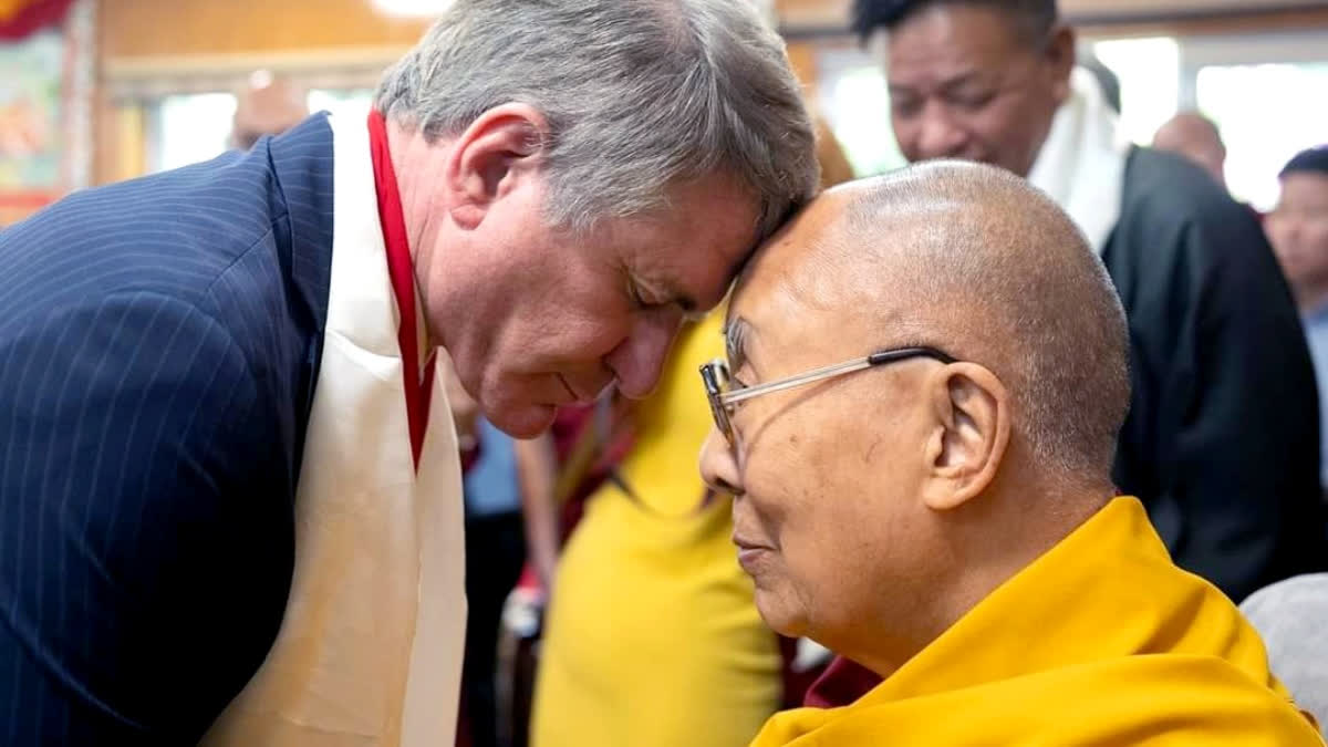 Bipartisan US Congressional delegation led by Representative Michael McCaul and Tibetan spiritual leader Dalai Lama greet each other at his residence in Himachal Pradesh's Kangra on June 19, 2024.