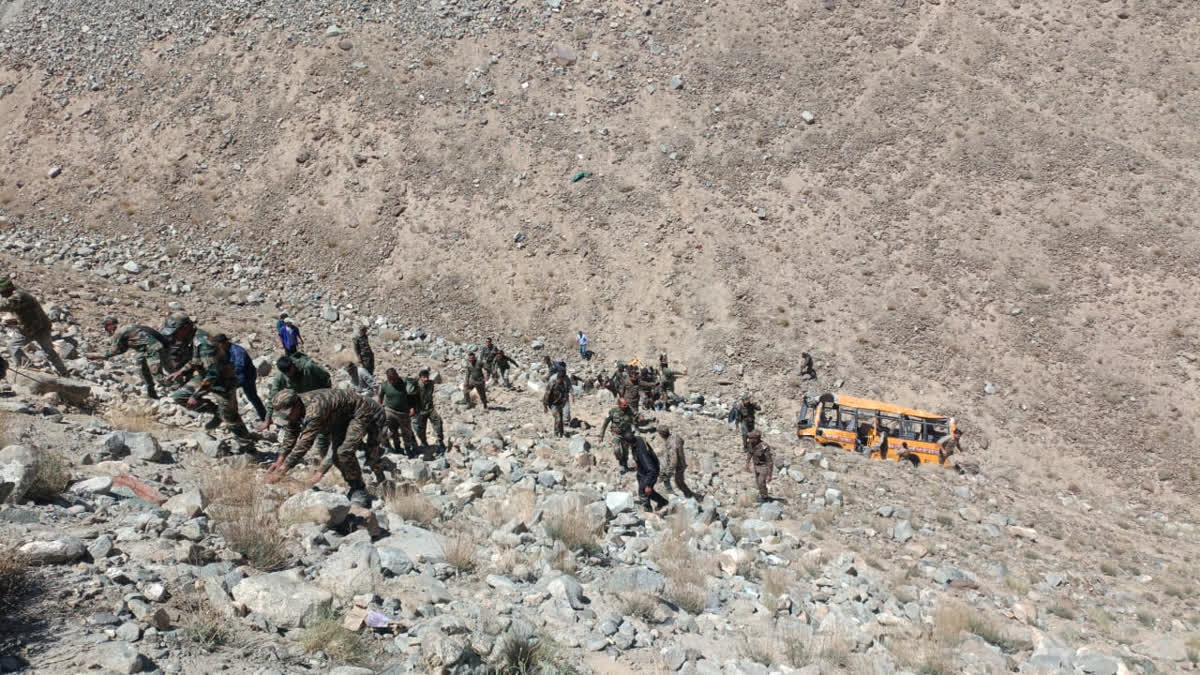 Six dead and 22 others were injured when a private bus on the way to East Ladakh from Leh fell into a 200-metre-deep gorge.