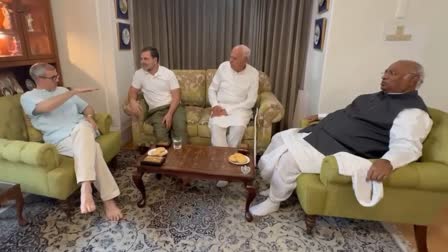 (Left to right): NC vice President Omar Abdullah, Congress MP Rahul Gandhi, NC President Farooq Abdullah and Congress National President Mallikarjun Kharge during a meeting in Srinagar on Thursday Aug 22, 2024