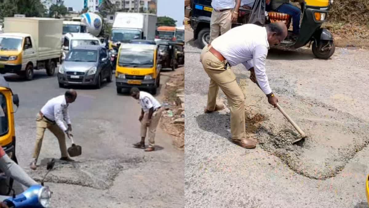 police-filled-potholes-in-nantoor-circle-in-mangaluru