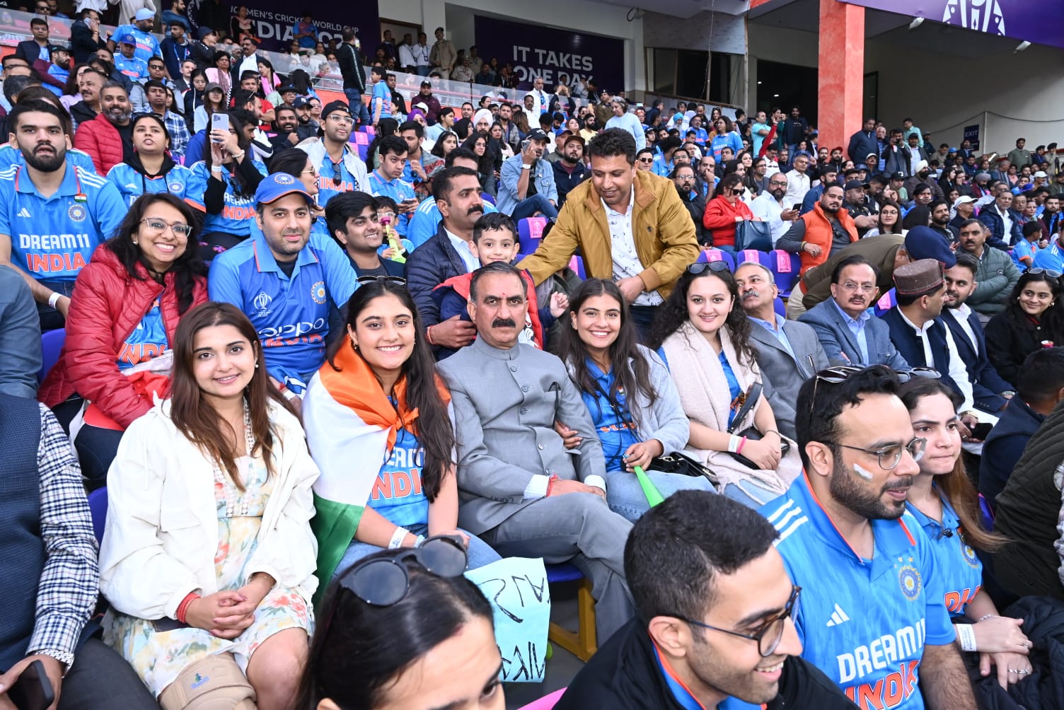 CM Sukhu enjoying match at Dharamshala Cricket Stadium