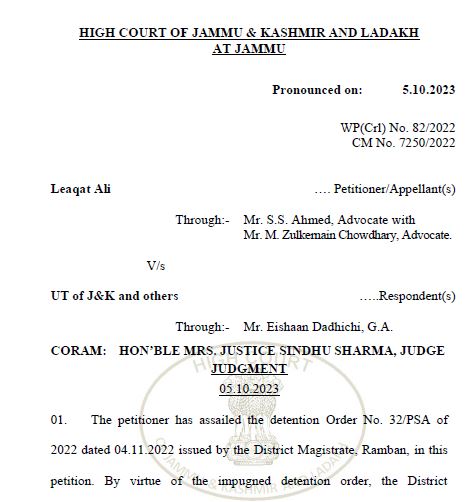 High Court of J&K and Ladakh while quashing PSAs