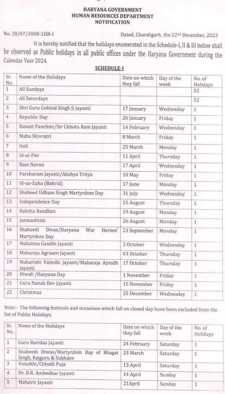 Haryana Holiday Calendar 2024