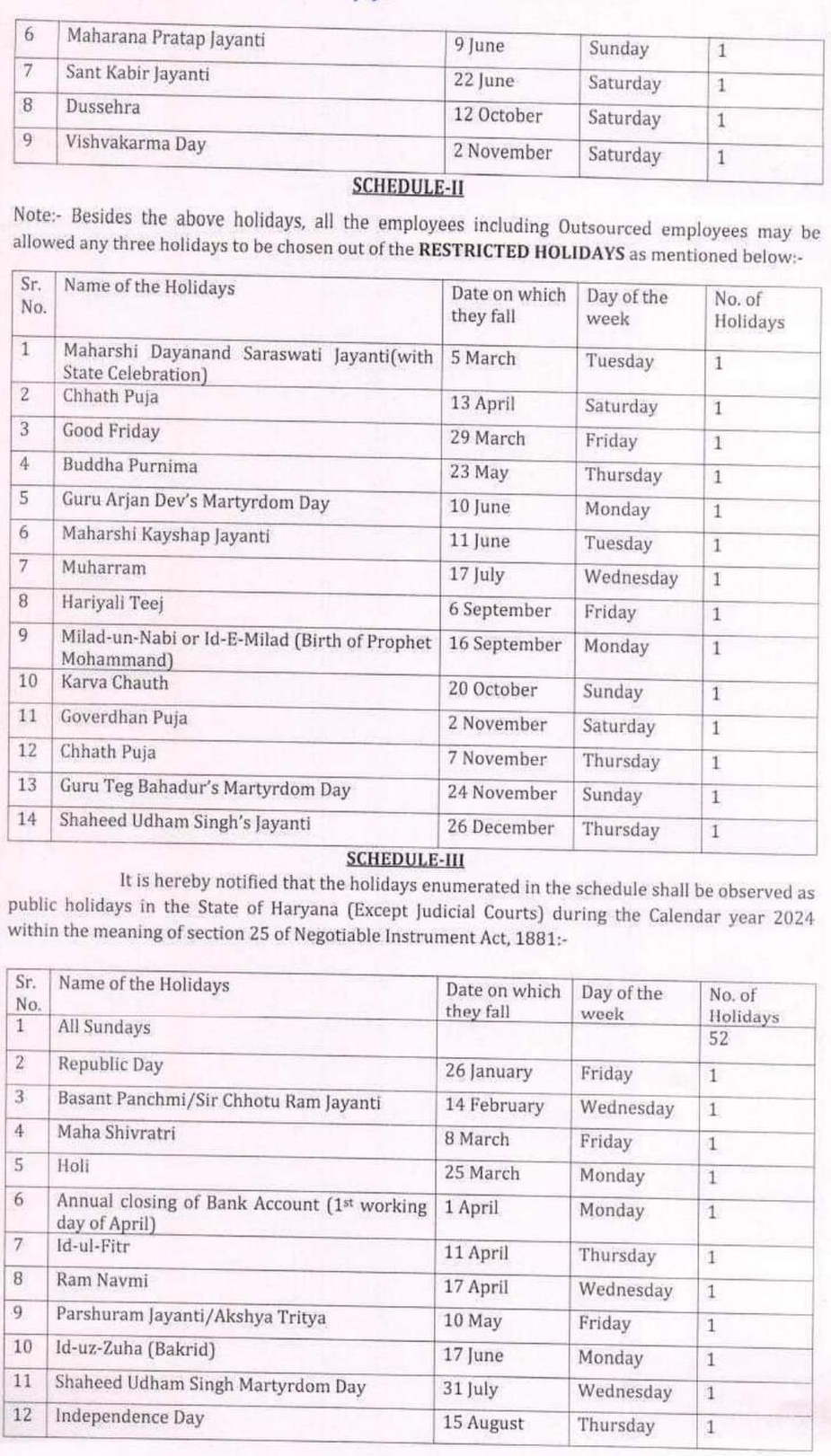 Haryana Holiday Calendar 2024