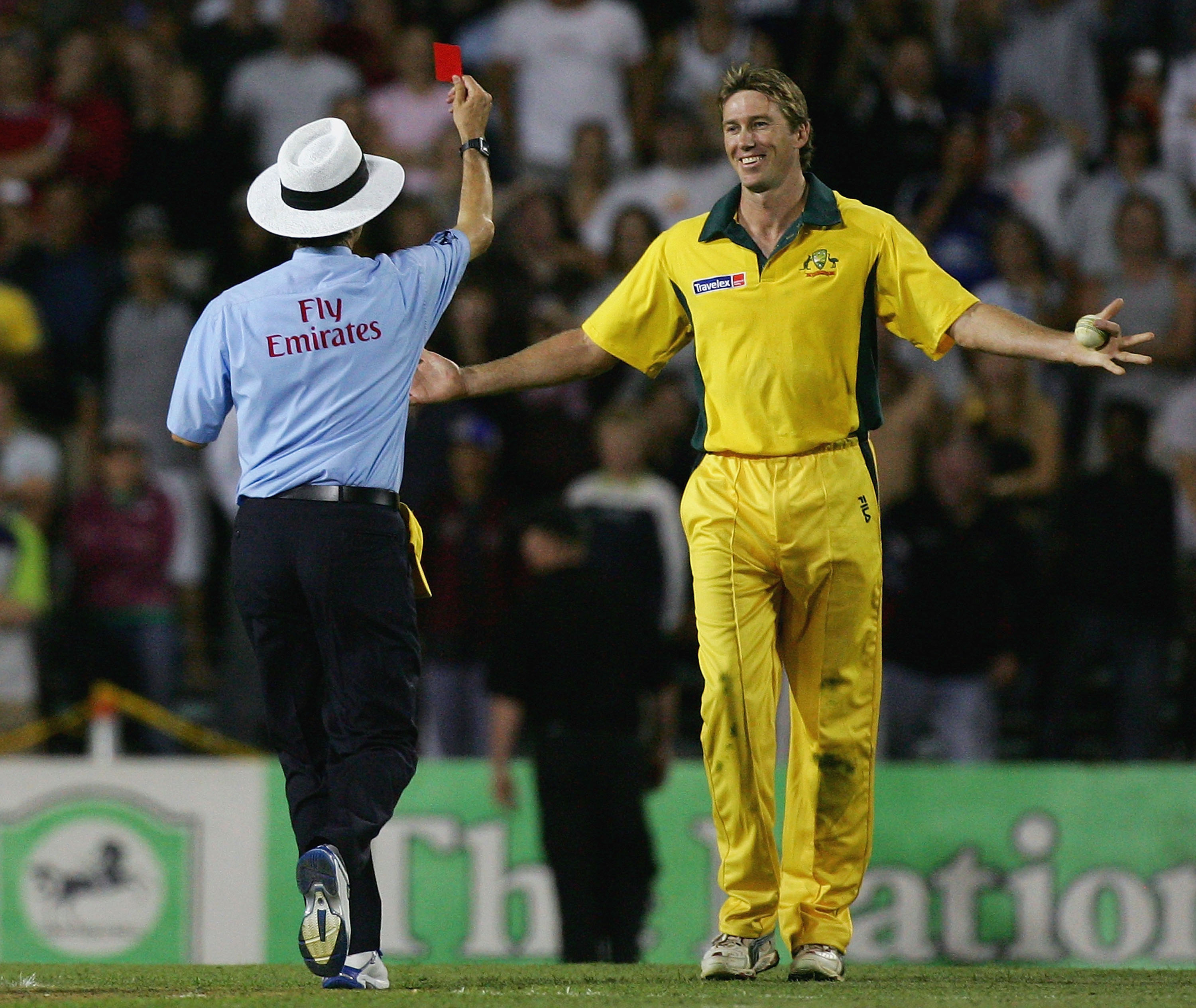 Australia's great pacer Glenn McGrath became the first player in international cricket to receive a red card after he bowled a underarm delivery to batter.