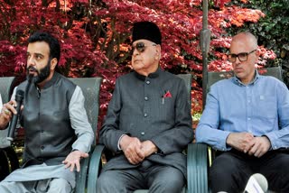 Left to right: NC MP Aga Ruhullah, NC President Farooq Abdullah and Vice President Omar Abdullah