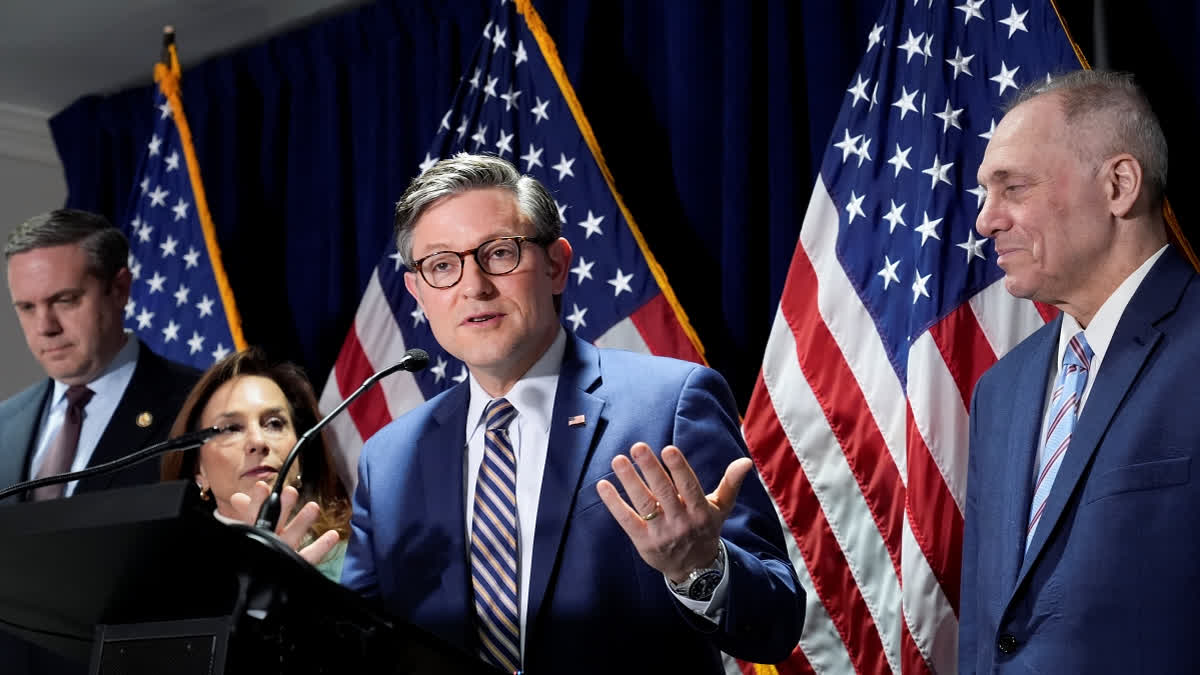 House Speaker Mike Johnson, R-La., center, joined from left by Rep. Jeff Hurd, R-Colo., Republican Conference Chair Lisa McClain, R-Mich., and House Majority Leader Steve Scalise, R-La., during a news conference at the Republican National Committee headquarters in Washington, Wednesday, Jan. 22, 2025.