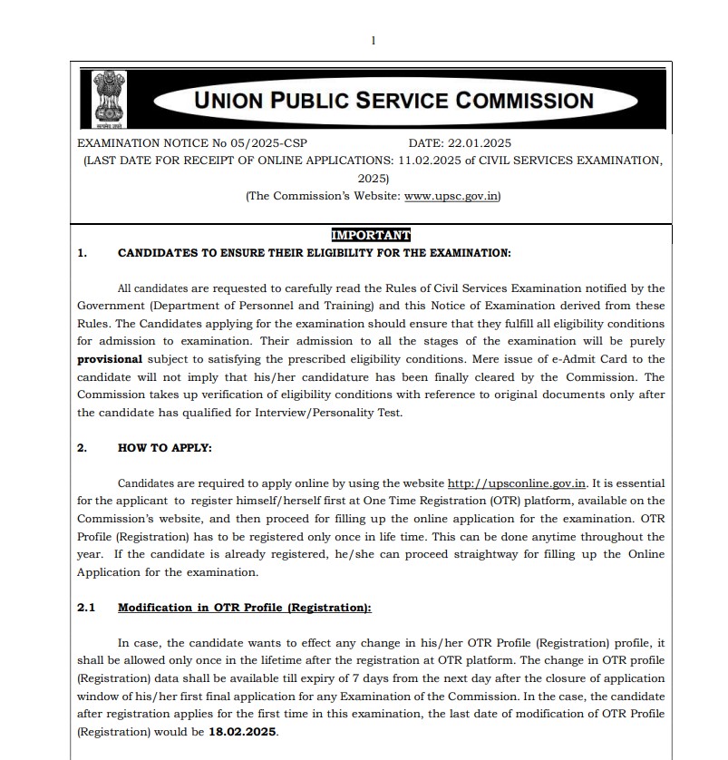 Civil Service Examination Notification Released by UPSC