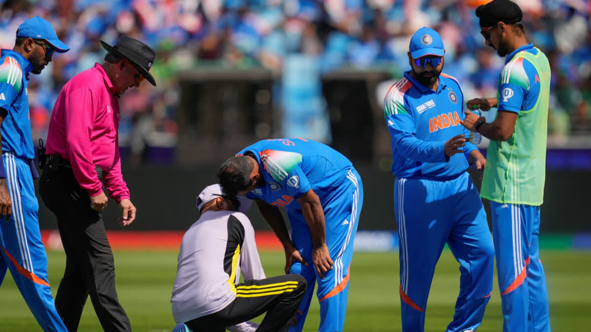 Mohammed Shami went off the field after the fifth over during the match between arch-rivals India and Pakistan in Dubai on Sunday.