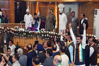 Jammu and Kashmir Legislative Assembly Speaker Abdul Rahim Rather intervenes after a ruckus breaks out in the Jammu and Kashmir Legislative Assembly over resolution on Article 370 restoration, in Srinagar