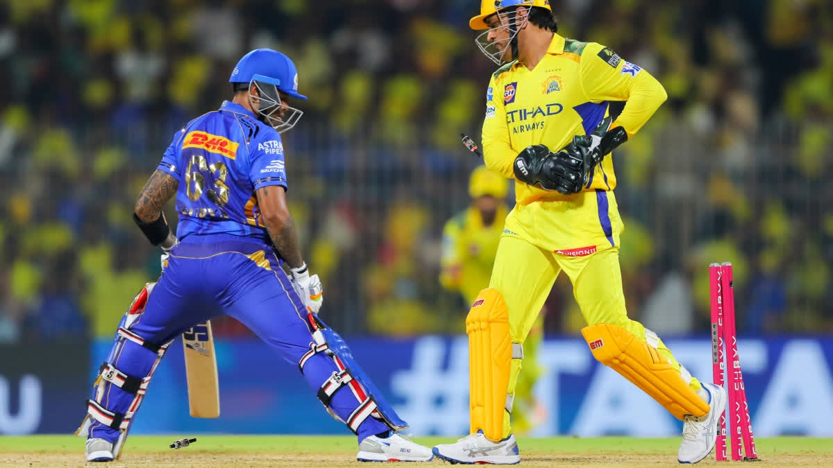 MS Dhoni was at his vintage best, effecting a lightning-quick stumping to dismiss Suryakumar Yadav in the season's first game in Chennai.
