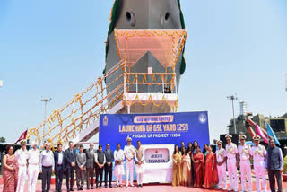 Union Minister of State for Defence Sanjay Seth along with his wife Neeta Seth, FOC-in-C West Vice Admiral Sanjay J Singh pose for a group picture at the launch of Tavasya, the second frigate of Project 1135.6 Additional Follow-on Ships, at Goa Shipyard (GSL) in Vasco da Gama on Saturday.