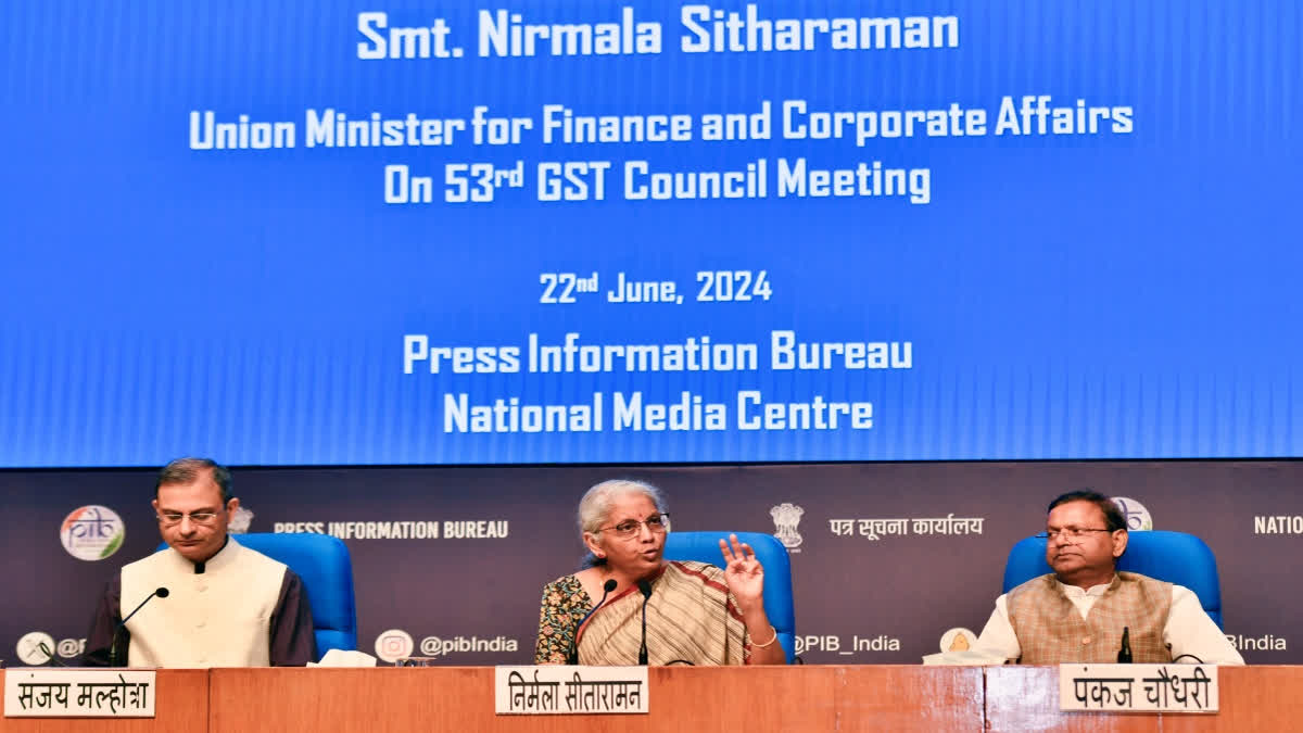 Union Finance Minister Nirmala Sitharaman addresses a press conference after the 53rd GST Council Meeting in New Delhi on July 22.