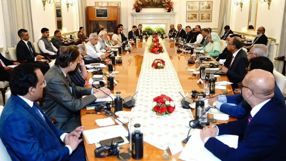 PM Narendra Modi and His Bangladesh Counterpart Sheikh Hasina among ministers and officials of both nations during bilateral discussion in New Delhi on Saturday, June 22, 2024.