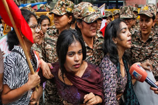 Protesters being detained outside Shastri Bhawan in New Delhi on Thursday, June 20, 2024.