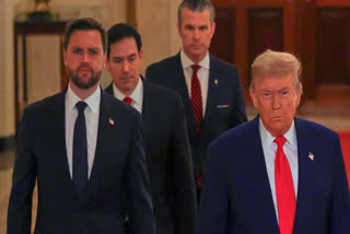 President Donald Trump arrives with Vice President JD Vance, Secretary of State Marco Rubio and Defense Secretary Pete Hegseth to speak from the East Room of the White House in Washington, Saturday, June 21, 2025, after the U.S. military struck three Iranian nuclear and military sites, directly joining Israel's effort to decapitate the country's nuclear program.