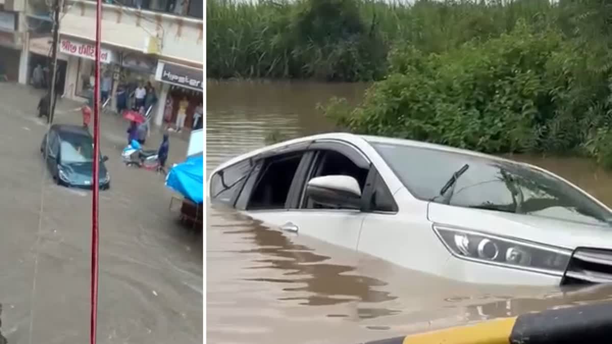 innova-car-submerged-in-water-on-surat-navsari-road-four-people-rescued-heavy-rain-in-navsari