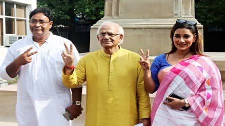 TMC MLAs Reyat Hussain and Sayantika Banerjee with agriculture minister Sovandeb Chattopadhyay (in middle)