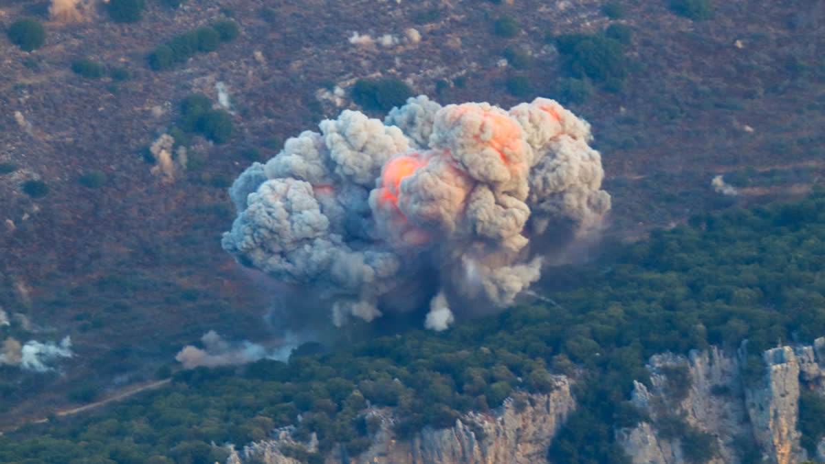 Smoke billows from the site of an Israeli airstrike in Marjayoun, near the Lebanon-Israel border, on September 23, 2024.