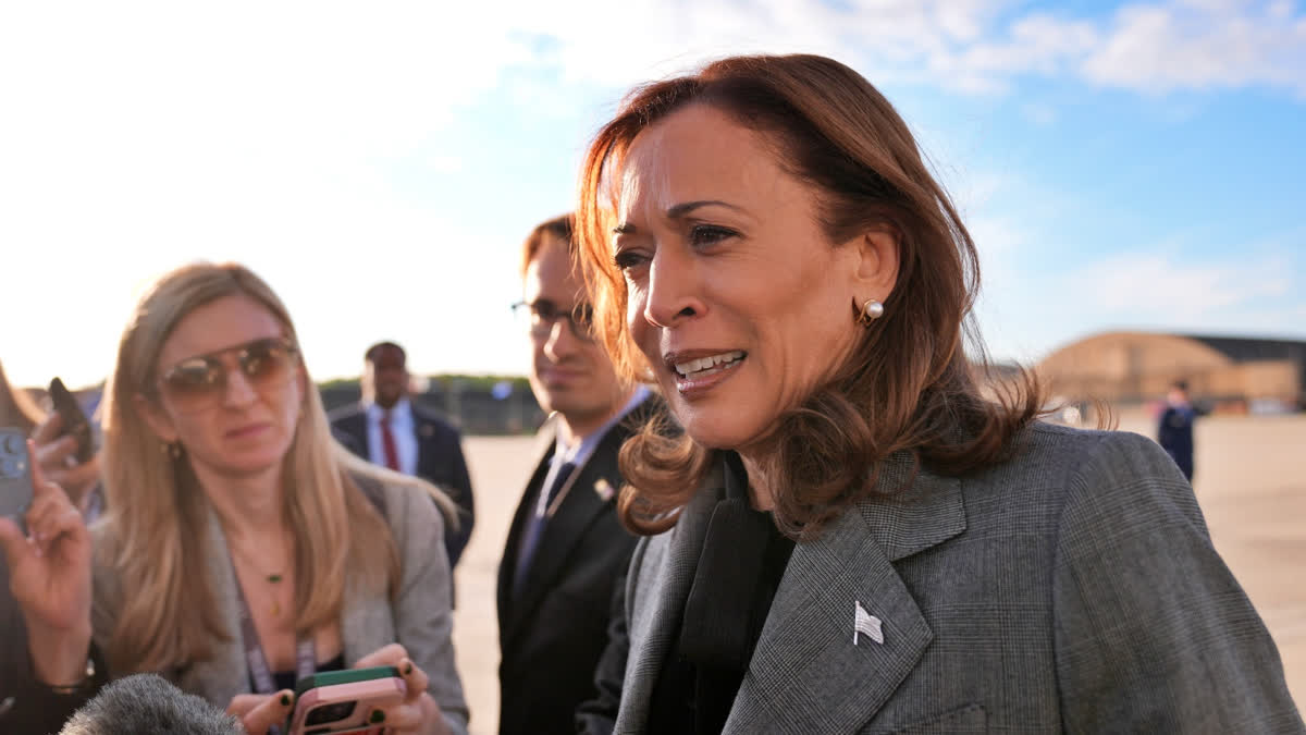 Democratic presidential nominee Vice President Kamala Harris speaks to members of the media upon her arrival at Andrews Air Force Base, Md., Sunday, Sept. 22, 2024.