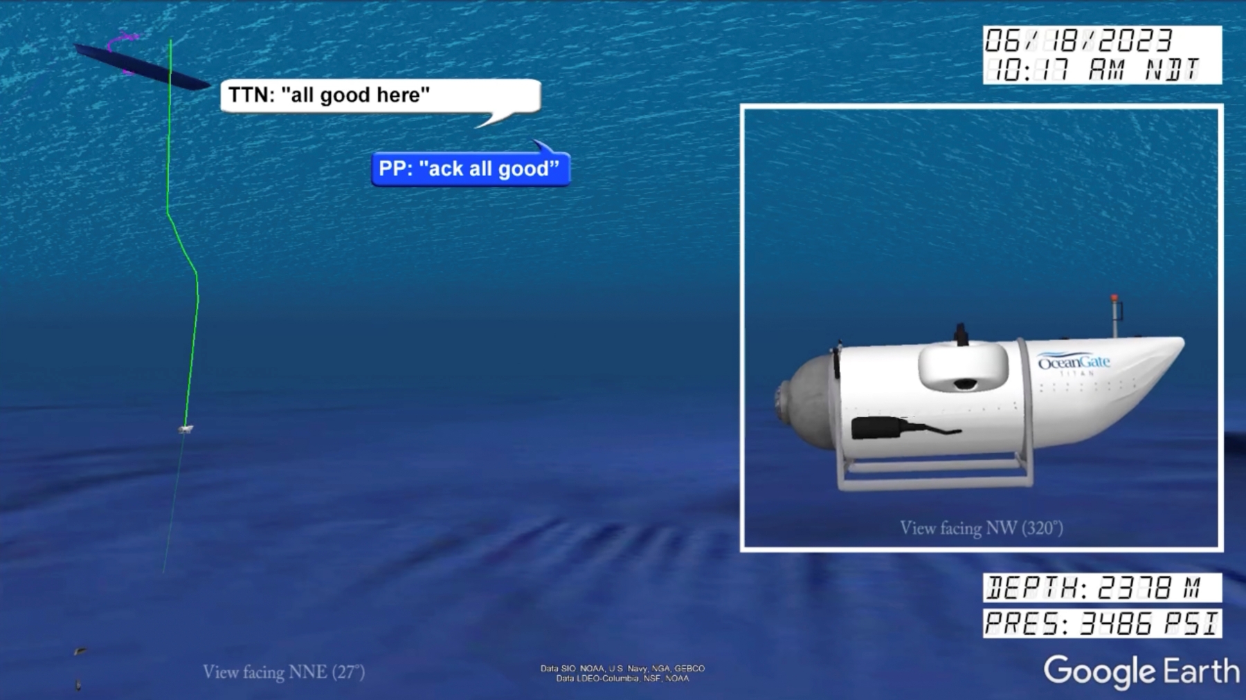 In a still from from a video animation provided by the United States Coast Guard an illustration of the Titan submersible, right, is shown near the ocean floor of the Atlantic Ocean, as June 18, 2023 communications between the submersible and the support vessel Polar Prince, not shown, are represented at left.