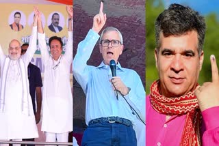 Left to right: PDP-Turned-Apni Party-Turned BJP Turncoat Chowdhary Zulfkar Ali poses with Amit Shah, Omar Abdullah and Ravinder Raina