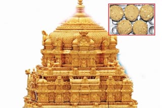 Collage of Tirumala Temple model and Laddu Prasadam