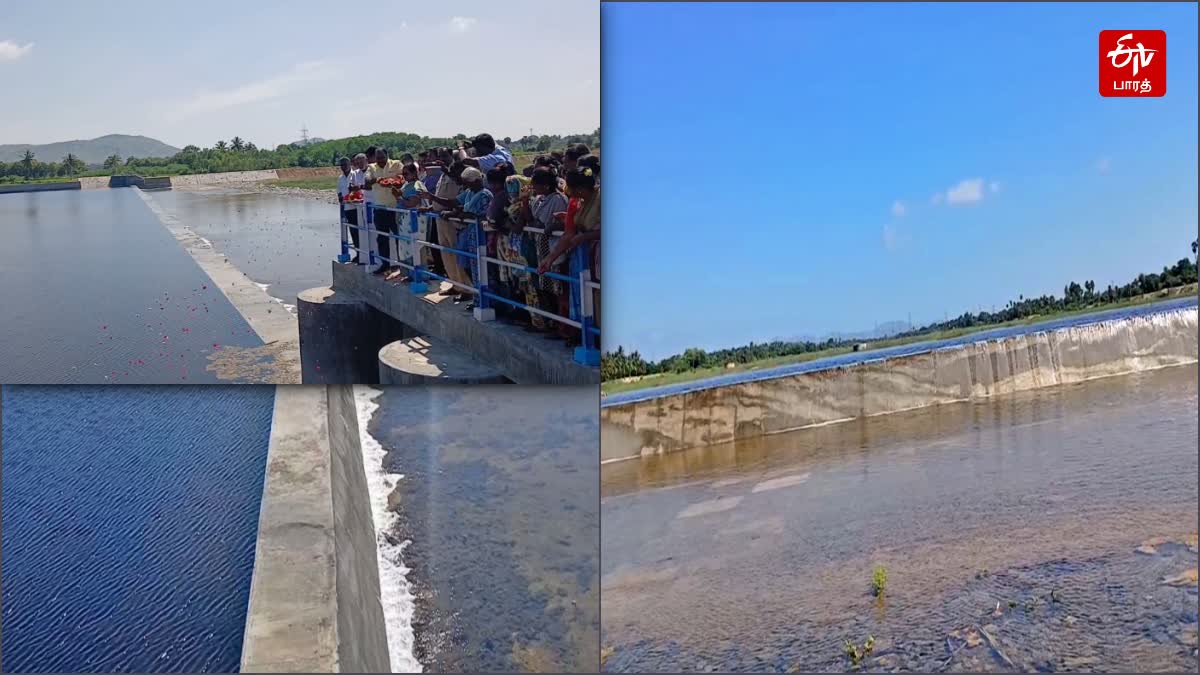 தடுப்பணையில் பூக்களை தூவி நீரை வரவேற்கும் மக்கள்