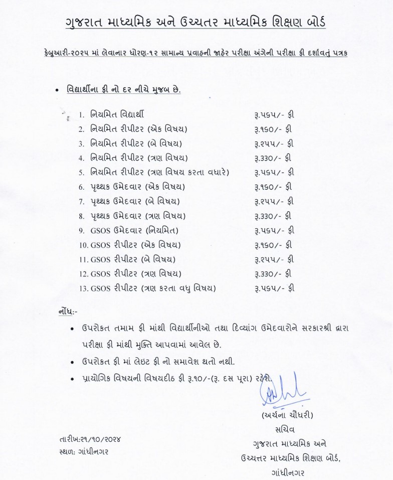 ધો.12 સામાન્ય પ્રવાહના વિદ્યાર્થીઓની પરીક્ષાનું ફીનું માળખું