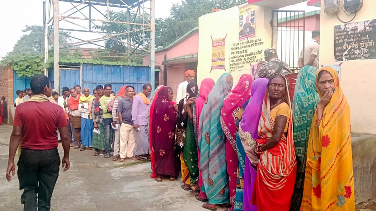 Voters wait in queues to cast their votes for the Bihar assembly by-elections, at a polling station in Bhojpur