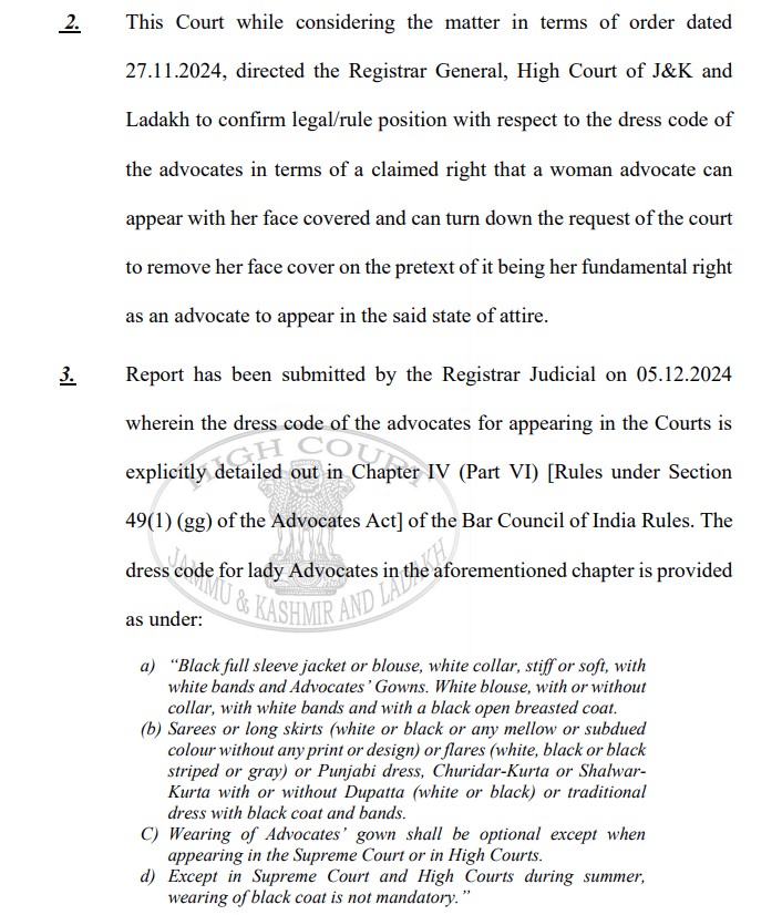 The Bar Council of India (BCI) rules governing women advocates' dress code do not allow them to appear in court with their veils on