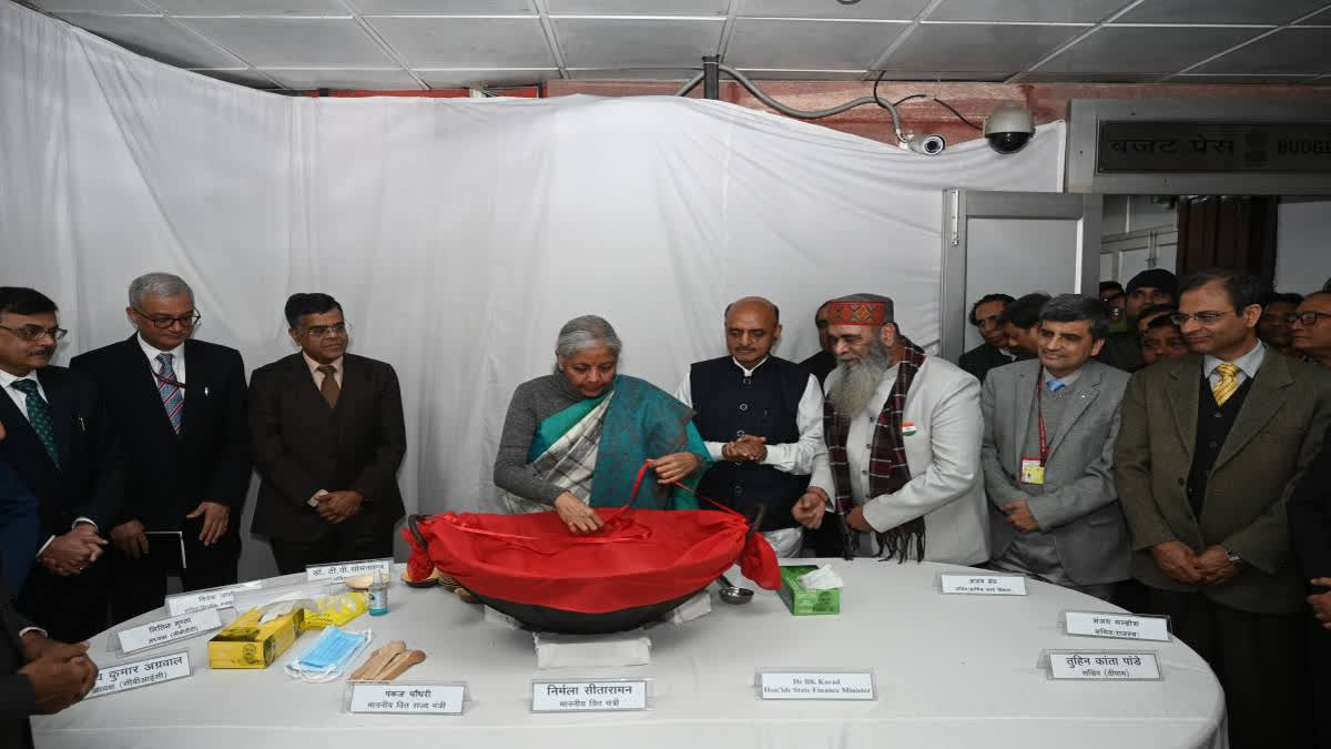 Union Finance Minister Nirmala Sitharaman at the customary Halwa ceremony in New Delhi on Wednesday