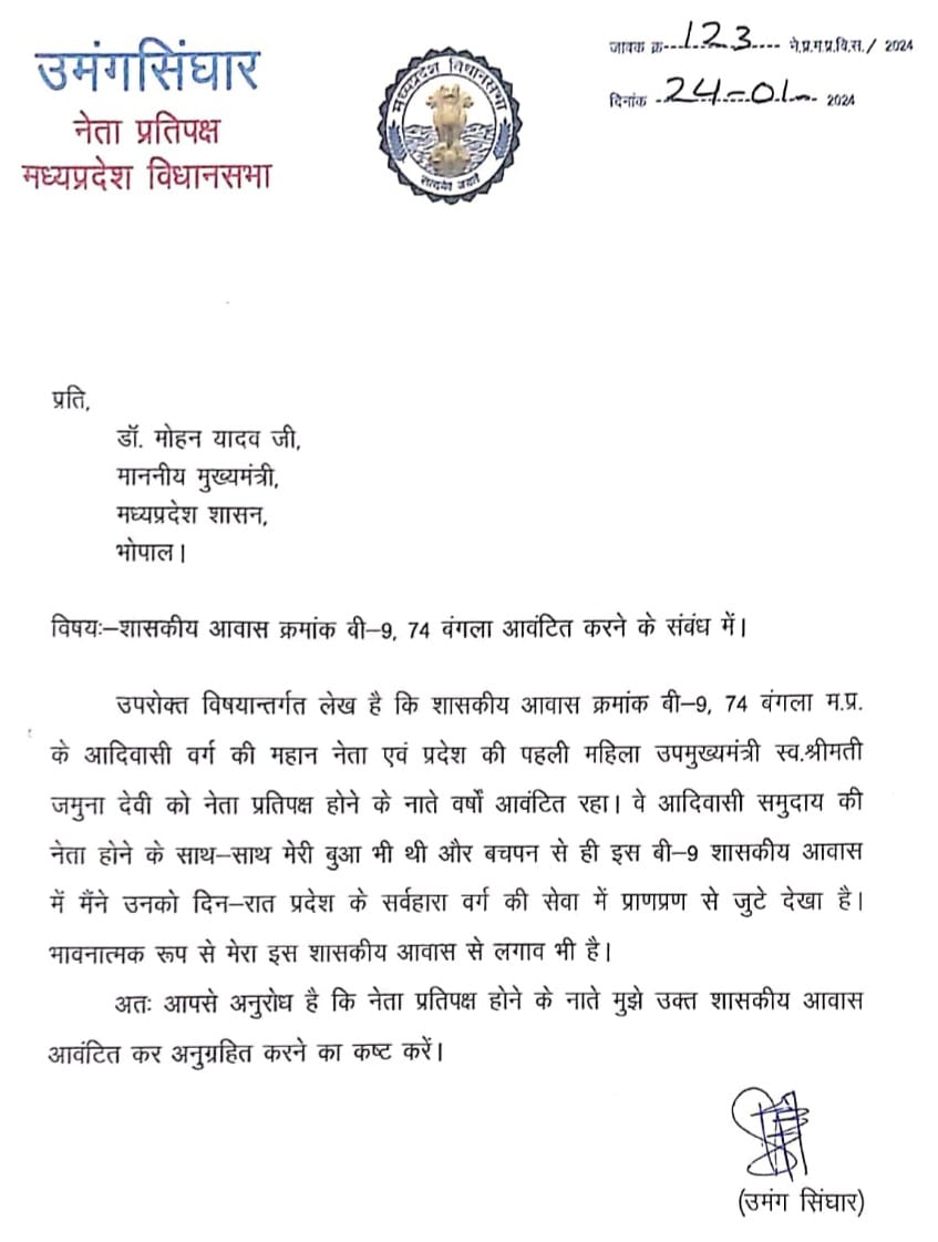 Umang Singhar wrote letter to CM