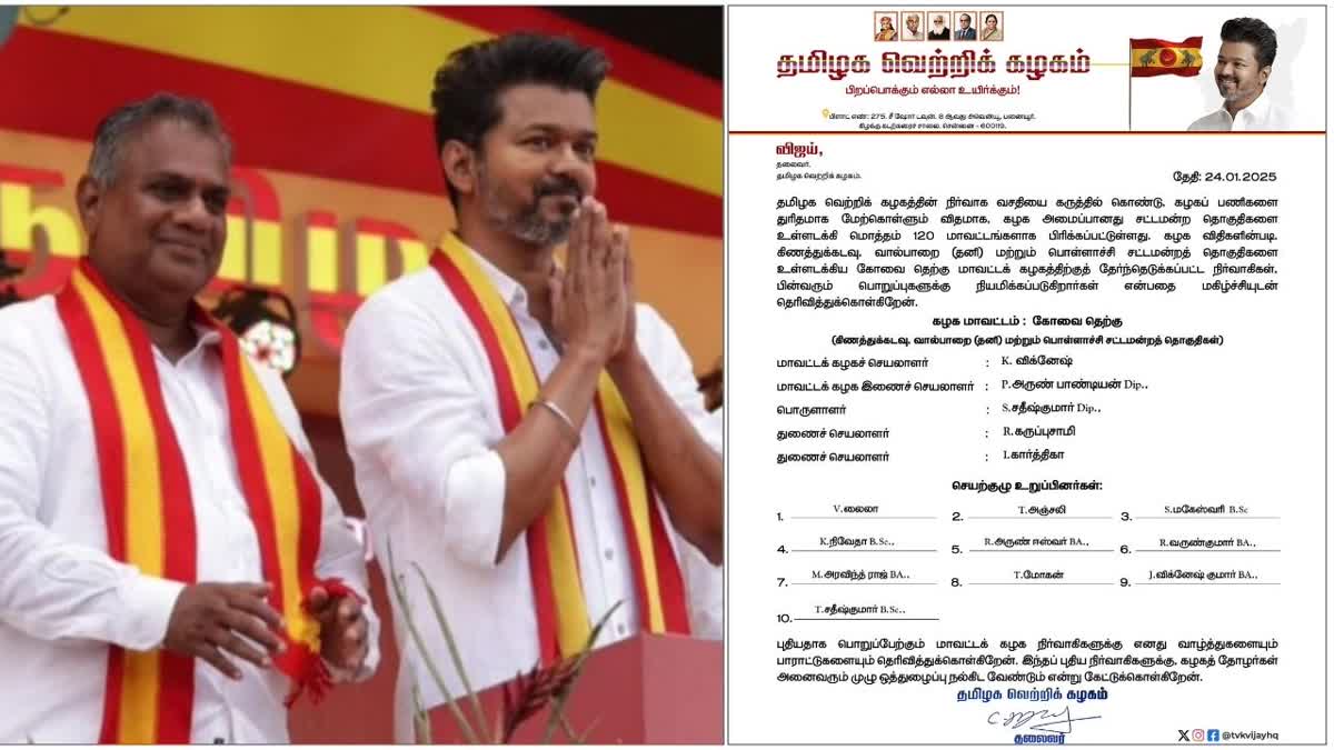 தவெக தலைவர் விஜய், பொதுச் செயலாளர் ஆனந்த் மற்றும் மாவட்ட பொறுப்பாளர்கள் நியமன அறிவிப்பு